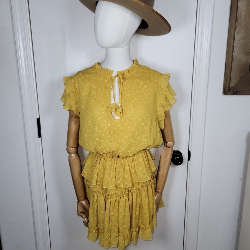 MISA Yellow Polka Dot Ruffle Tiered V-Neck Mini Dress Size Small